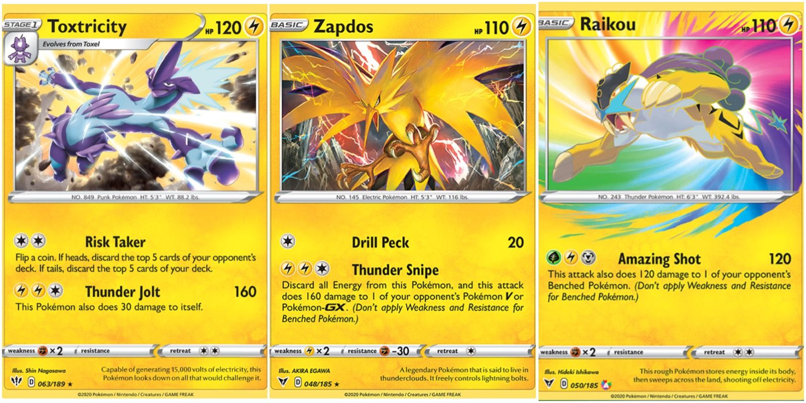 toxtricity, zapdos, and raikou cards.