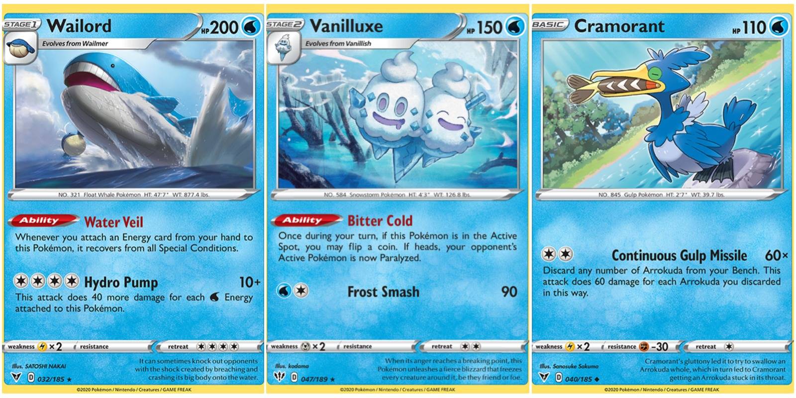 wailord, vanilluxe, and cramorant cards from recent expansions.