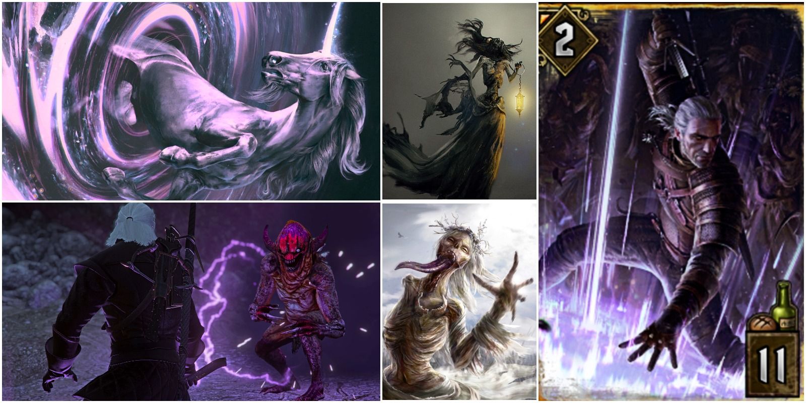 unicorn, geralt casting the purple energy yrden sign, and wraiths