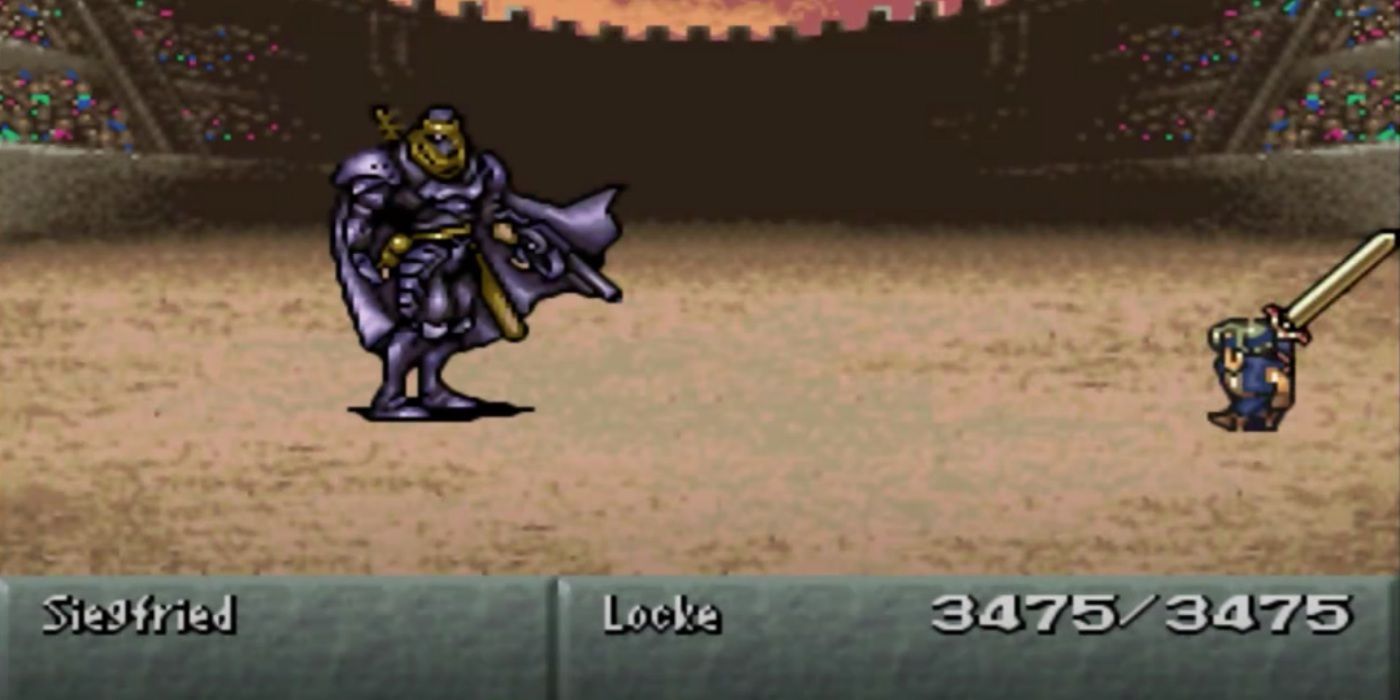 Locke wielding Lightbringer at the Coliseum in Final Fantasy VI