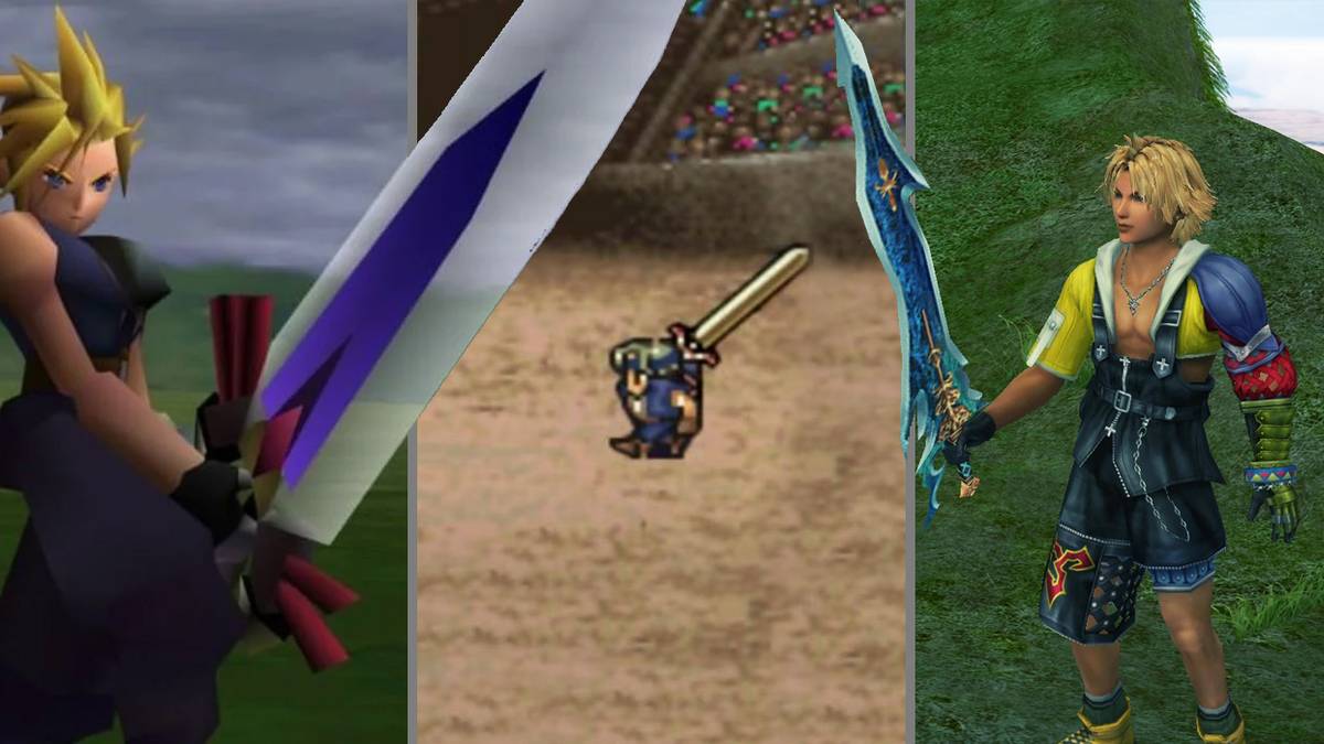 Cloud wielding the Ultima Weapon, Locke wielding the Lightbringer and Tidus wielding the Caladbolg