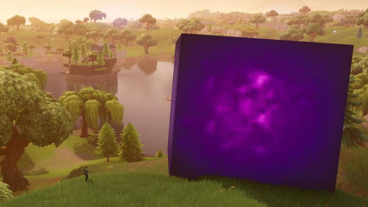 fortnite kevin the cube by lake during sunset