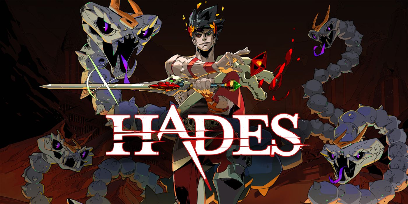 Zagreus poses behind the Hades logo