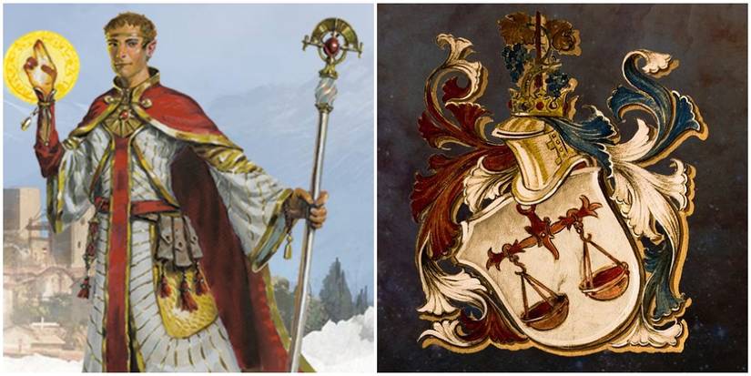 A half elf next to art depicting the Libra sign