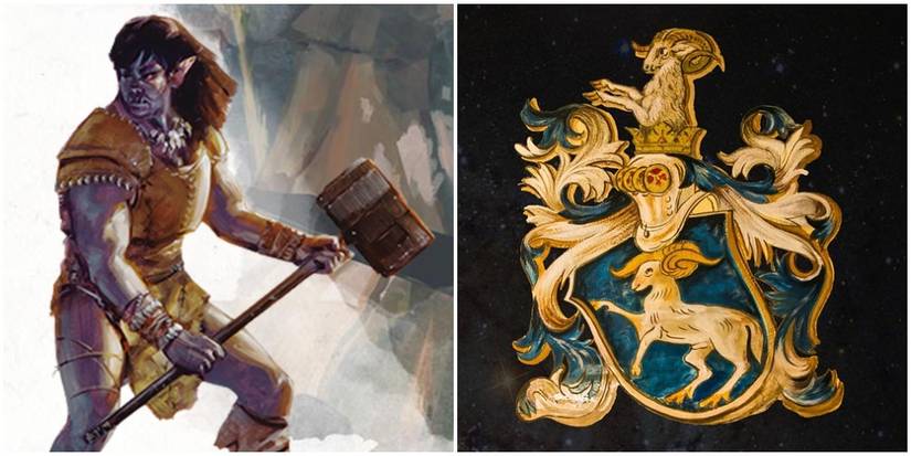 A half orc next to art depicting the Aries sign