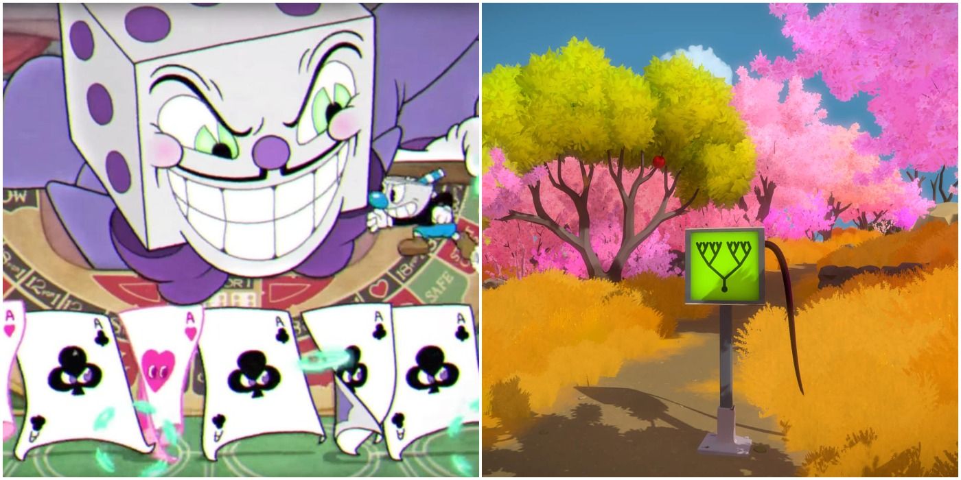 (Left) King Dice from Cuphead (Right) Puzzle from The Witness