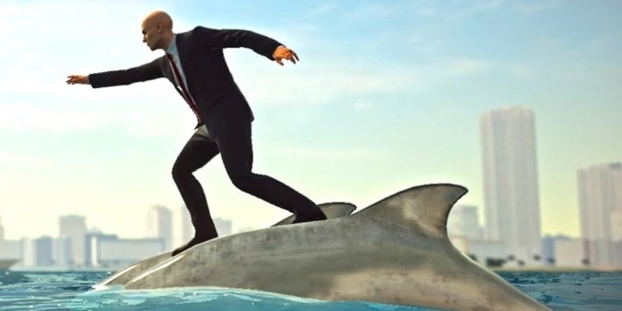 Agent 47 riding a dolphin in Hitman 2