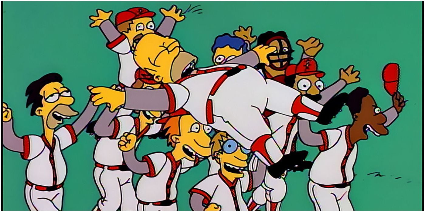 homer being carried by his baseball team in homer at the bat simpsons season three