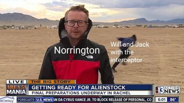 Image of a news reporter and a man running away behind him with the caption, "Norrington" (ie the news reporter) "will and jack with the interceptor" (ie the man running away)
