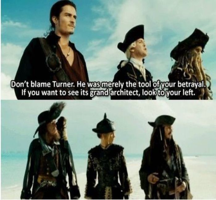 image of Jack, Elizabeth and Barbossa looking left with the caption "if you want to see the grand architect of your betrayal, look to your left"