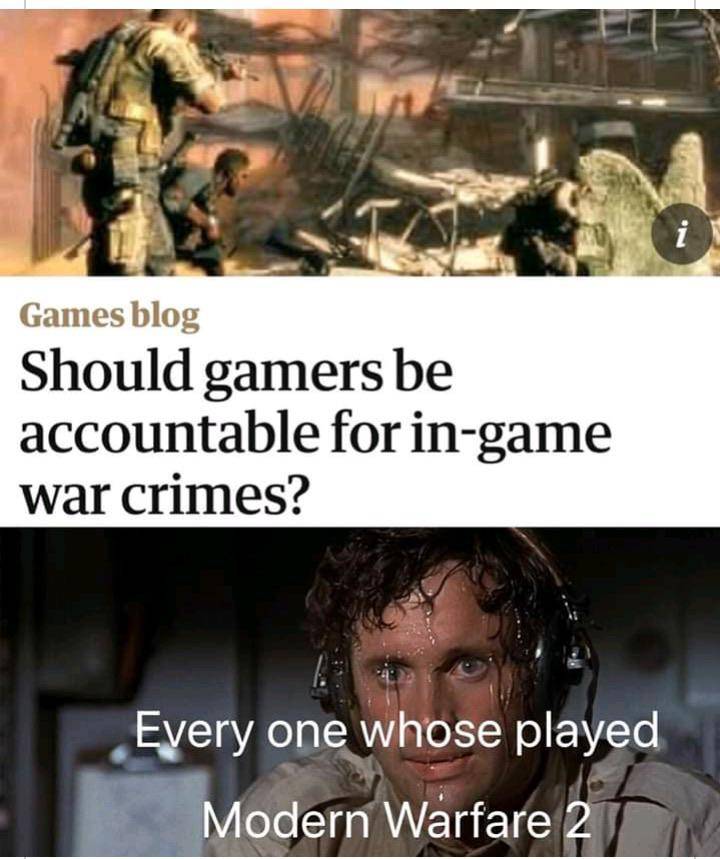 image of a guy sweating with the caption _should gamers pay for in-game war-crimes_