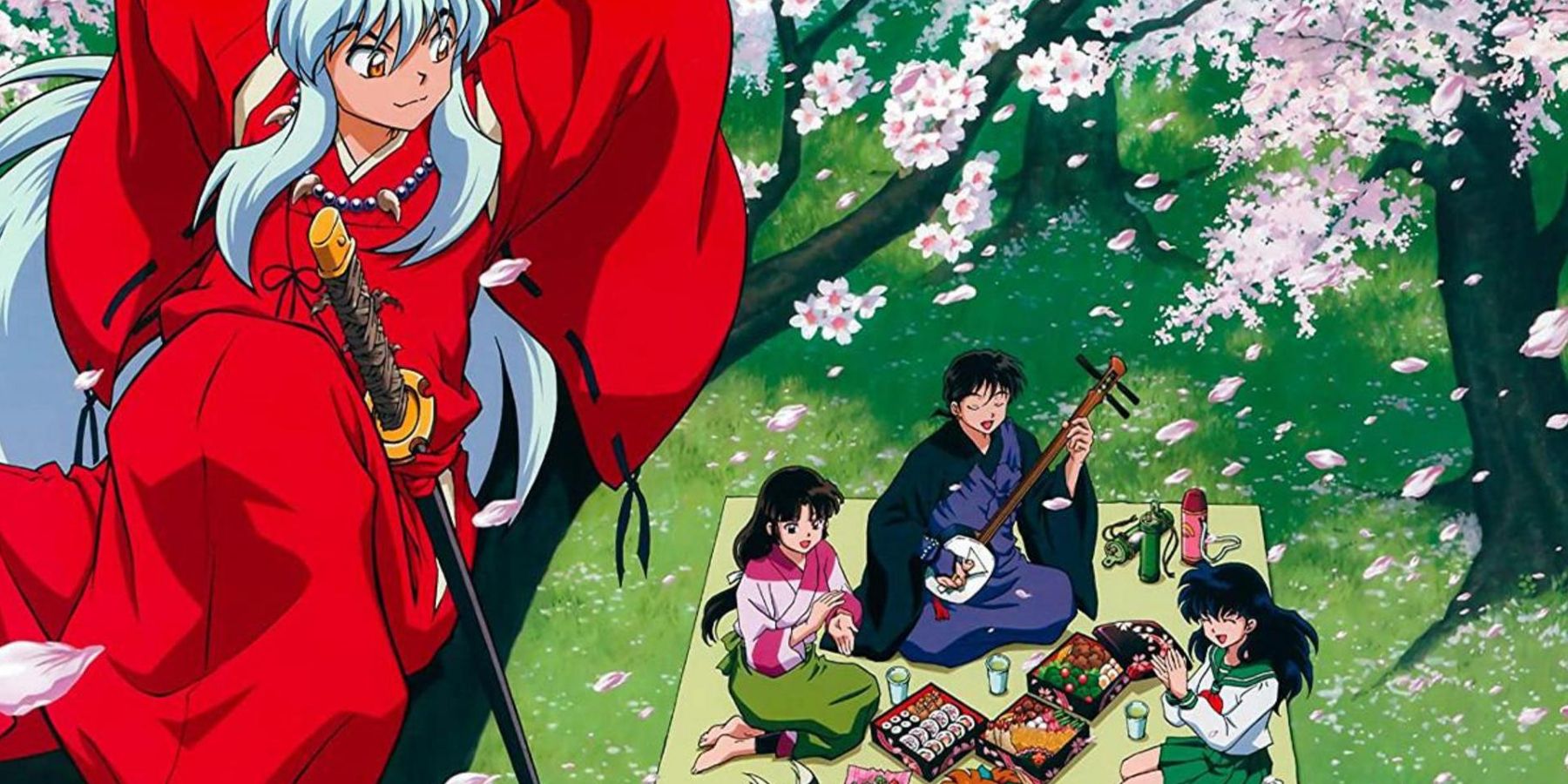 main cast of inuyasha having a picnic. Most are on the ground while the red-clothed inuyasha watches happily from a tree