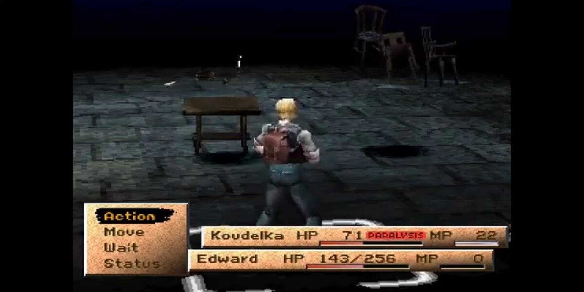 Koudelka PlayStaion 1 - protagonist standing, with menu detailing player attributes and stats