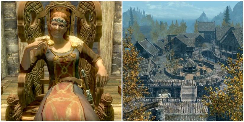 Laila Law-Giver beside an image of Riften