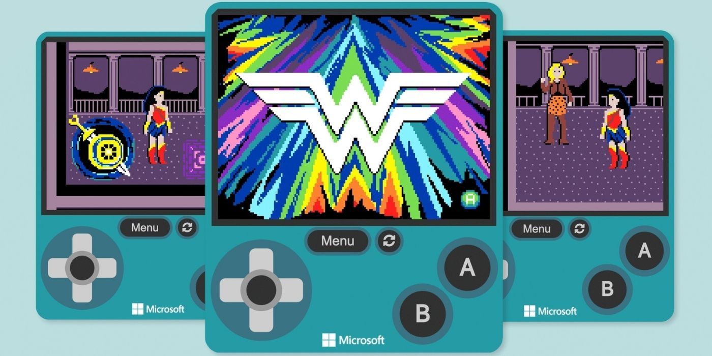 Images of arcade-style wonder woman game on pretend handheld system