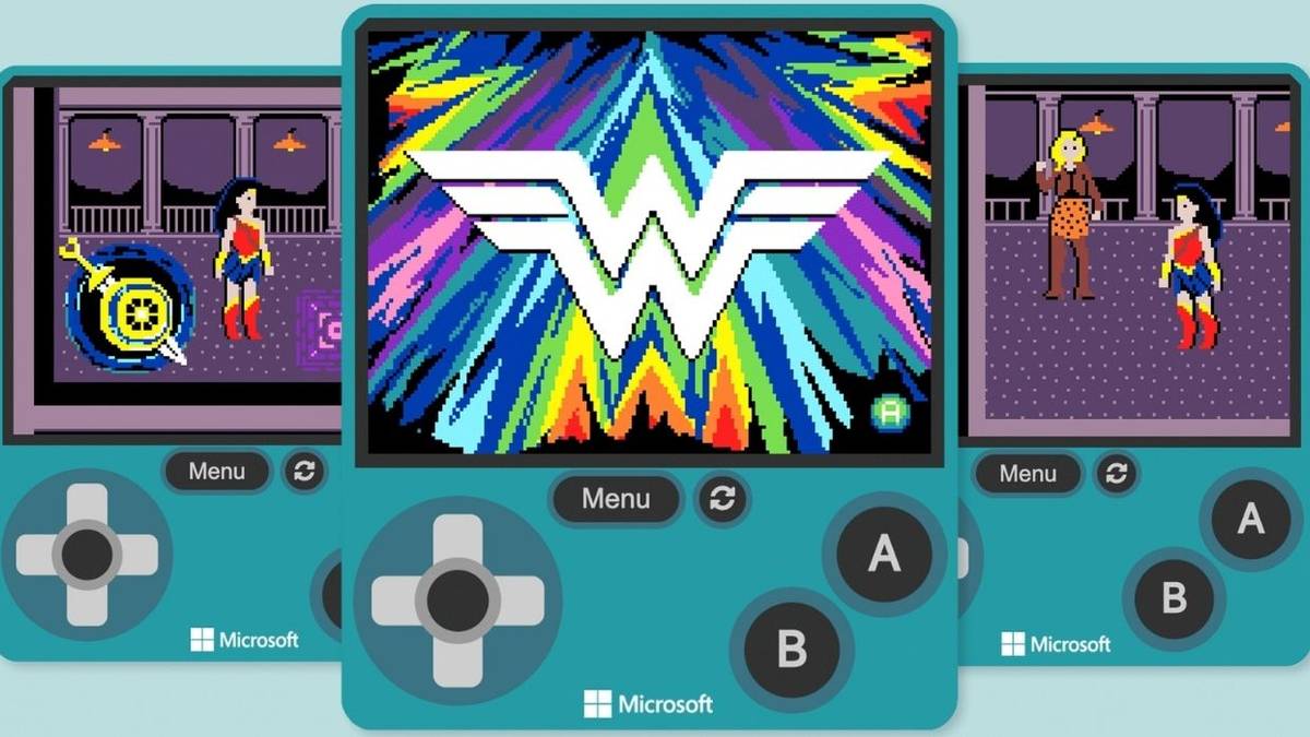 Images of arcade-style wonder woman game on pretend handheld system