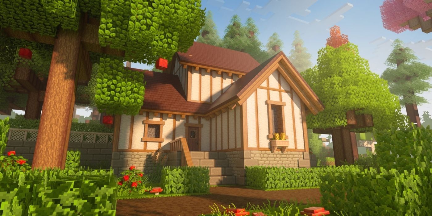 Minecraft bloom cabin surrounded by plant life