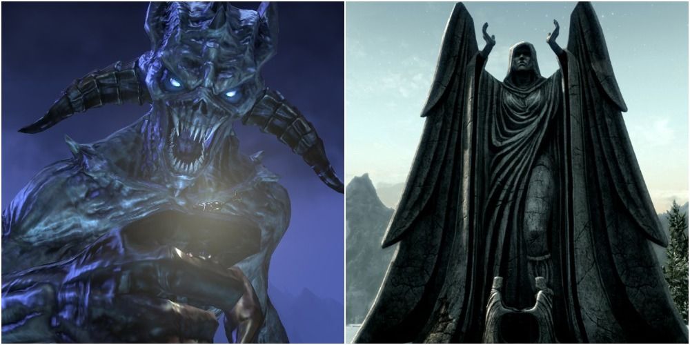 Molag Bal beside a Statue to Meridia