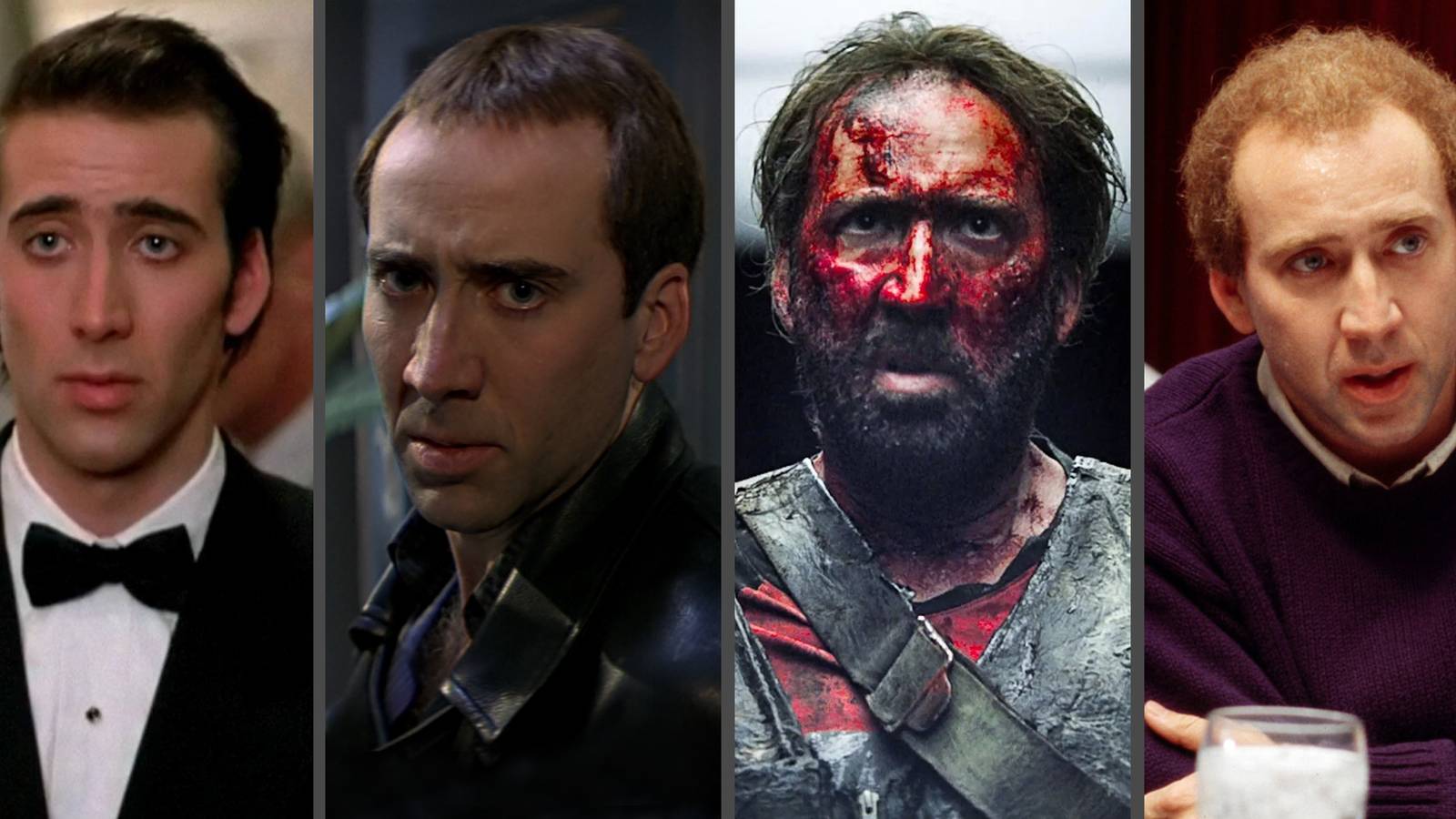Nicolas Cage in Moonstruck, Face/Off, Mandy and Adaptation.