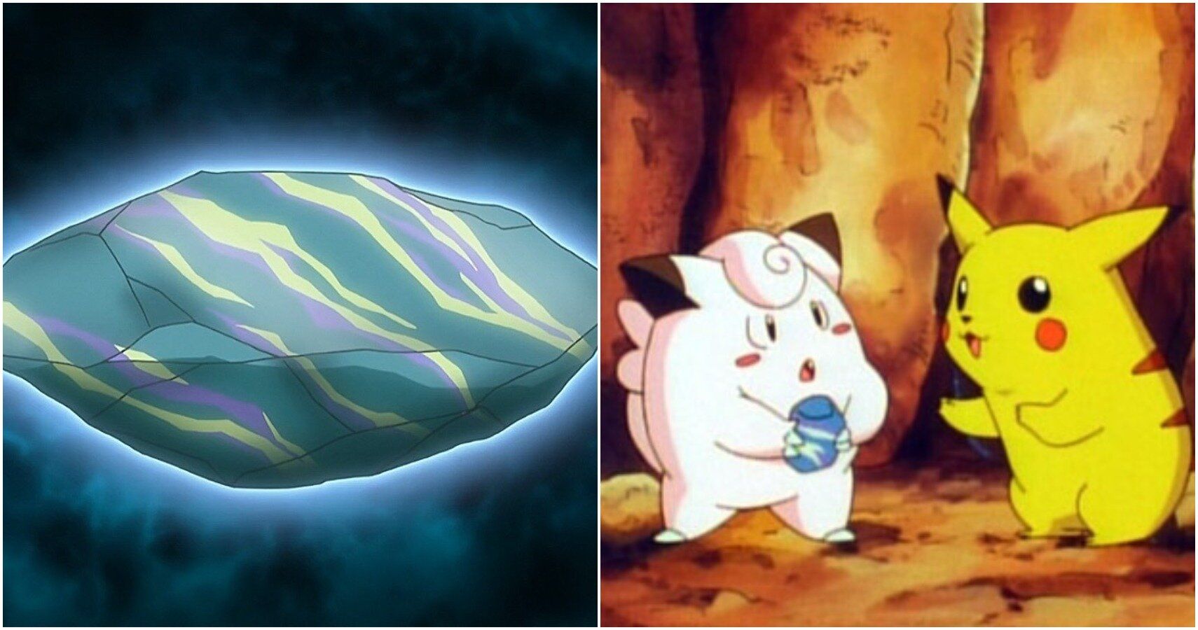 split image of moon stone and pikachu with clefairy
