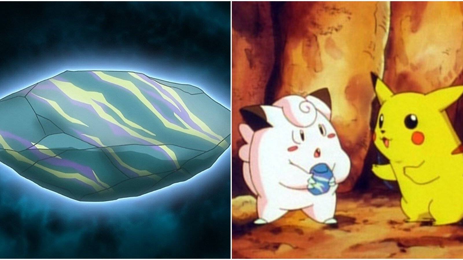 split image of moon stone and pikachu with clefairy
