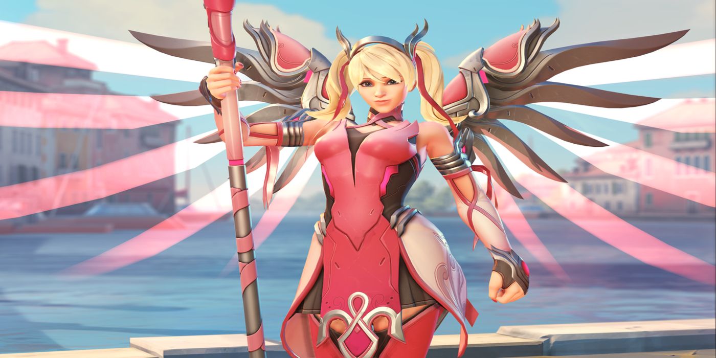 mercy standing with staff overwatch pink skin
