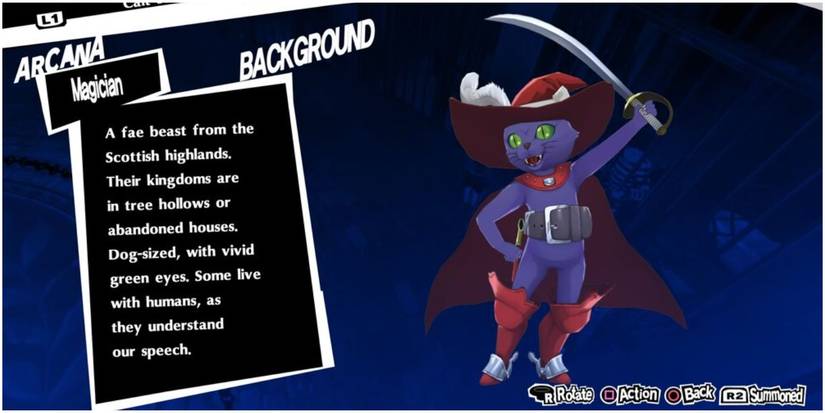 magician arcana persona that looks like a cat with a sword.