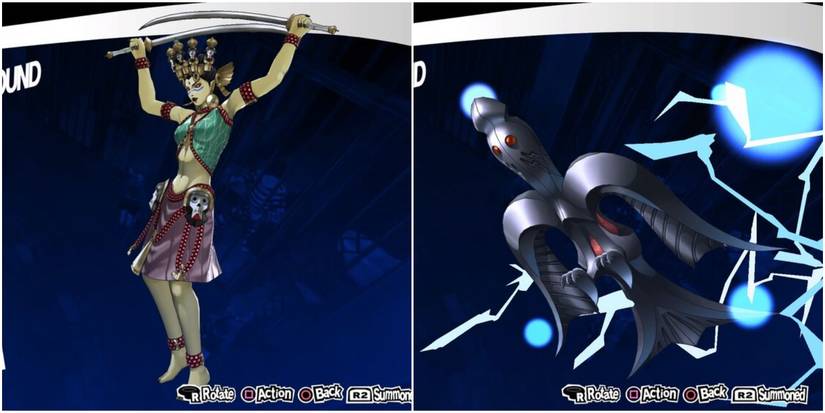 a figure from eastern mythology with two swords and a winged creature from native american folklore.