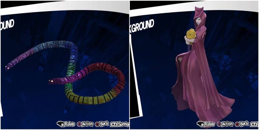 a rainbow serpent and a woman in a cloak