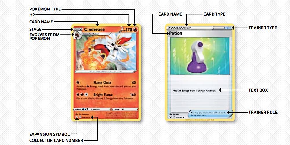 graphic displaying the different parts of both pokemon cards and trainer cards in the pokemo trading card game.