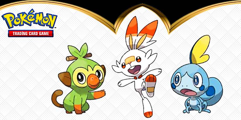galarian starter pokemon grookey scorbunny and sobble next to the pokemon trading card game logo