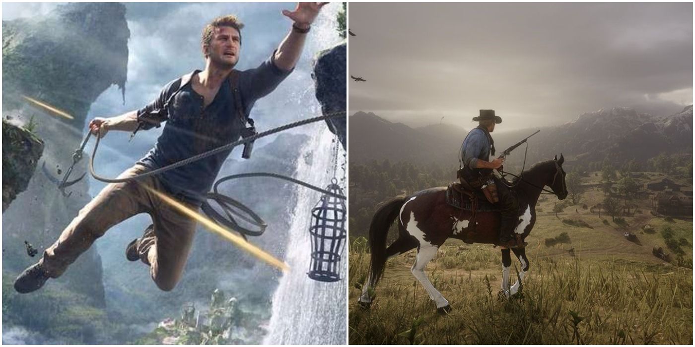 (Слева) Натан Дрейк избегает стрельбы в Uncharted 4 (справа) Артур Морган верхом на лошади в Red Dead Redemption 2