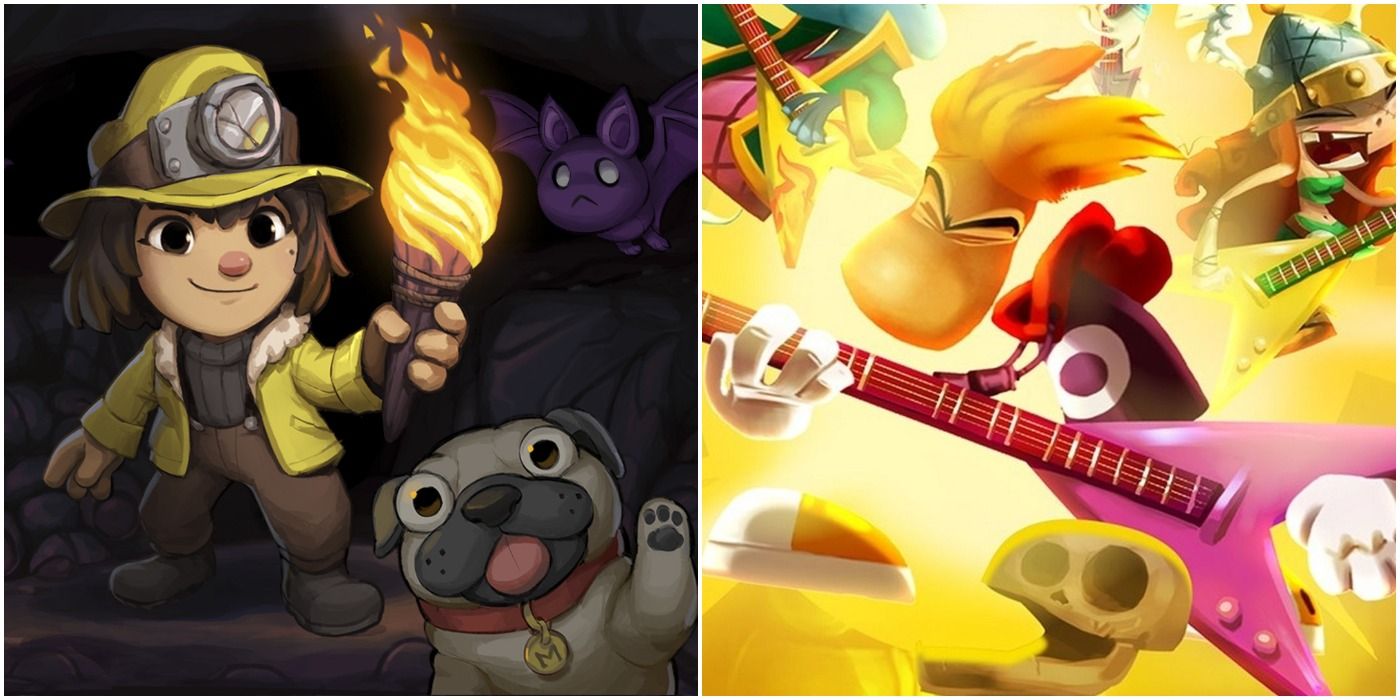(Left) Spelunky 2 front cover (Right) Rayman Legends - Rayman playing guitar