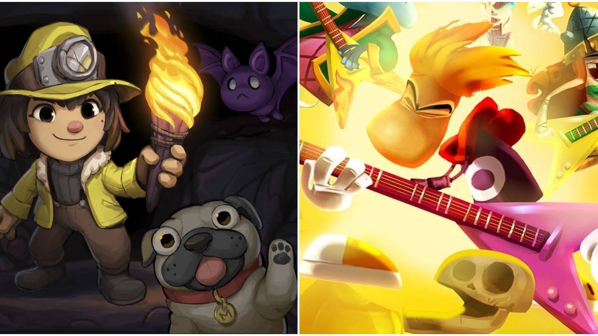 (Left) Spelunky 2 front cover (Right) Rayman Legends - Rayman playing guitar