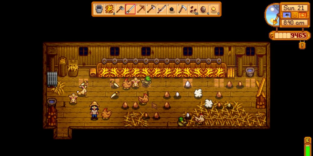 A Stardew Valley coop, filled with items dropped by animals