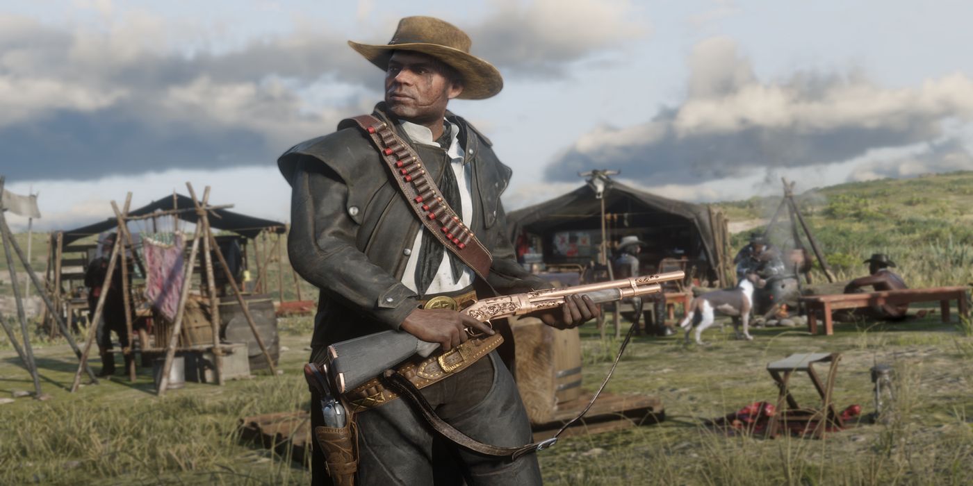 red dead online player with rifle in campsite