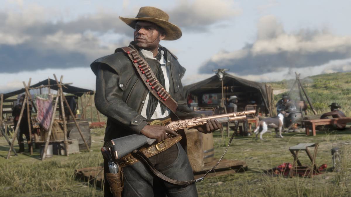 red dead online player with rifle in campsite