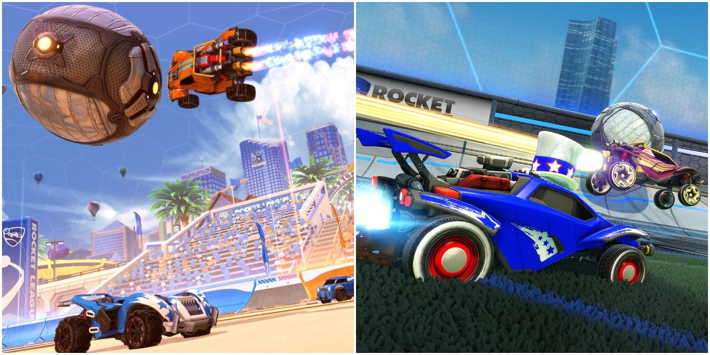 (Left) Blue car on the gorund as orange car aerially hits the ball (Right) Two cars contesting for the ball on the ground
