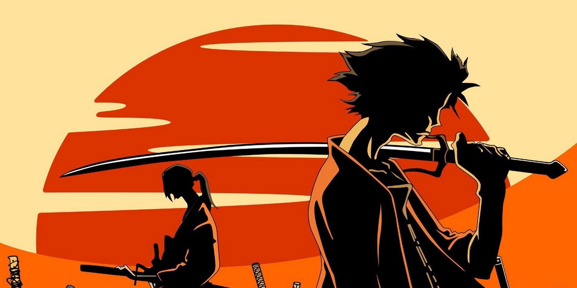 two of the main characters from the show samurai champloo silhouetted against a red setting sun