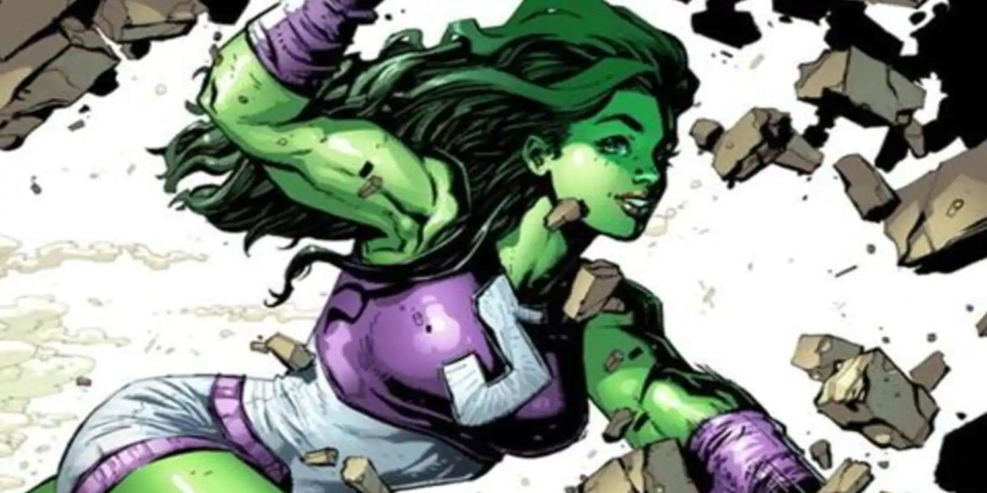 She-Hulk smashes a wall in the Marvel comics
