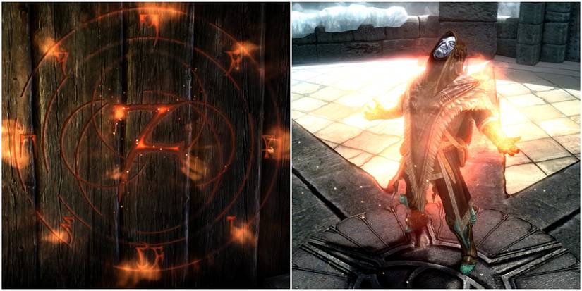 a close up of a magic rune for fire and the player with the archmage robes on about to cast fire storm.