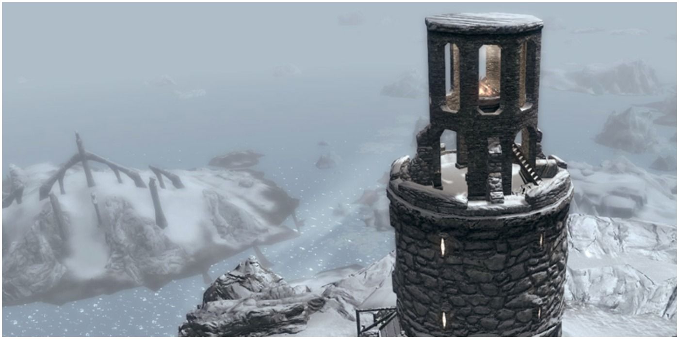a lighthouse overlooking part of winterhold hold.
