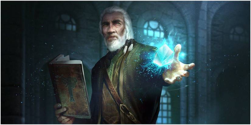 fan art of tolfdir using an alteration spell in the college of winterhold.