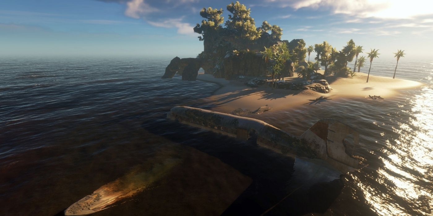 stranded deep view of albara island with wrecked aircraft in foreground