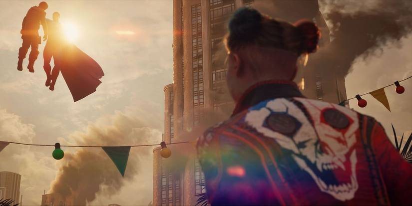 harley quinn watching superman grab foe kill the justice league