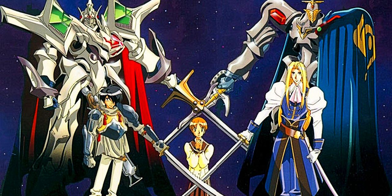 the three main characters of the anime together in artwork for the show with their swords and mechs