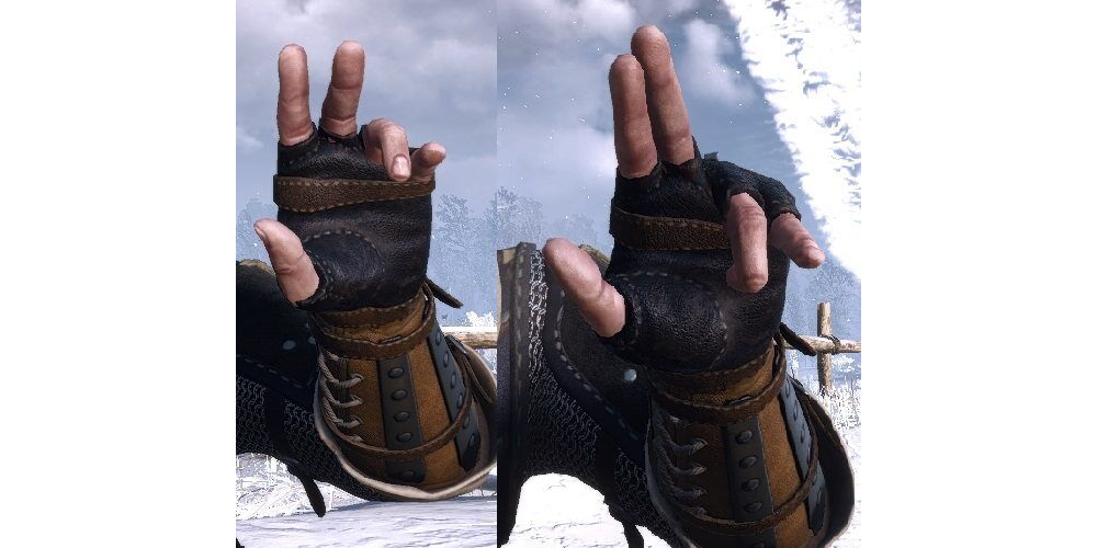 geralt's hand bending some fingers to make the hand sign for axii