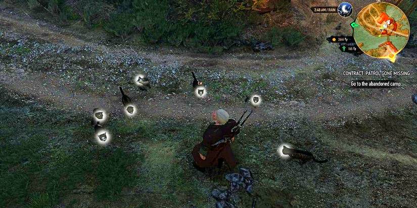 geralt using a magical sign on cats to make them follow him