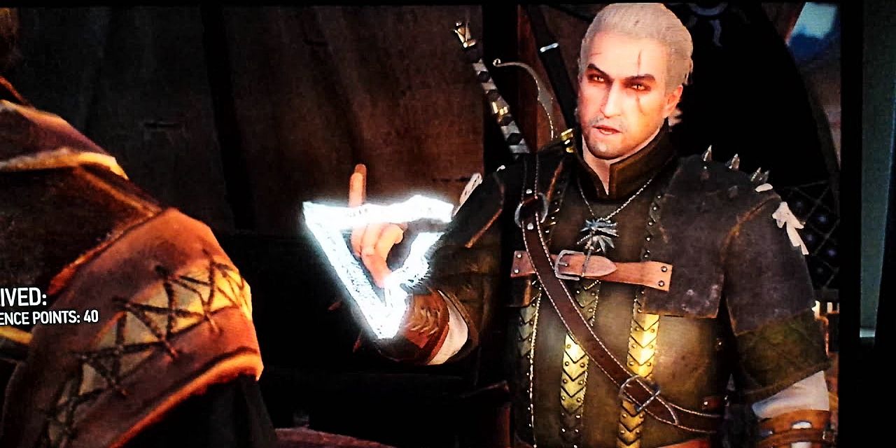 geralt using hand signs that look like american sign language to cast axii