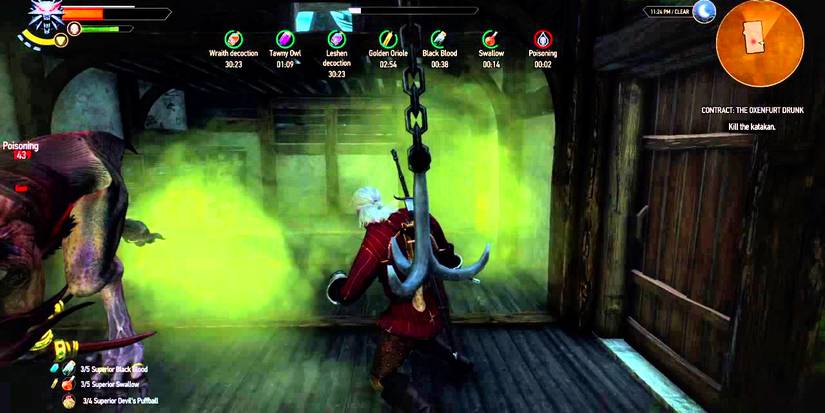 geralt using a bomb with poison gas on a monster indoors.